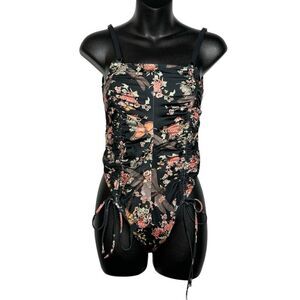 NEW HAH black floral ruched lace up reversible one piece swimsuit size Medium